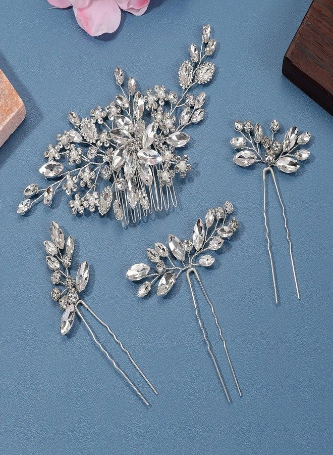 AELUUAKE 4Pcs Silver Bride Wedding Hair Comb Hair Pins Set Crystal Bridal Hair Side Combs Rhinestones Decorative Combs Hairpins Flower Bridal Headpieces Hairpiece Clips Accessories for Women Girls - Image 4